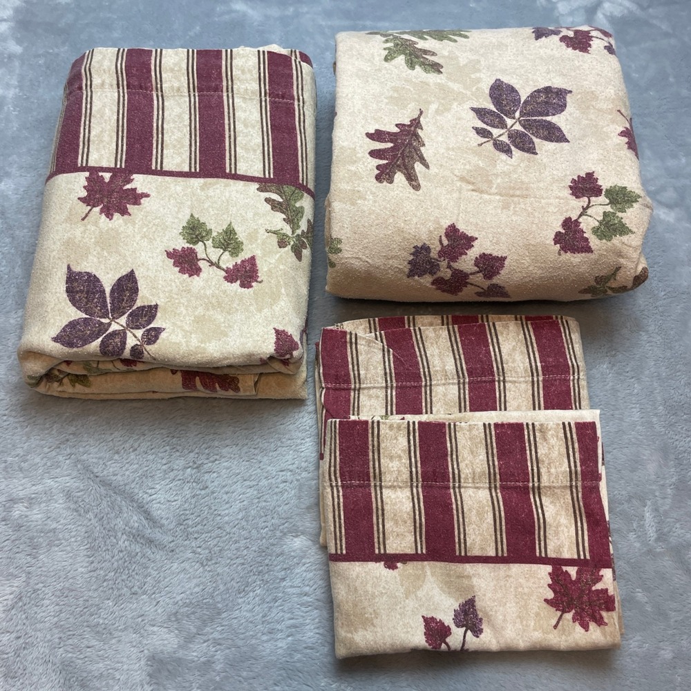 Flannel Leaf Sheet Set Size Queen Beige Burgundy Autumn Stripe Made in Portugal